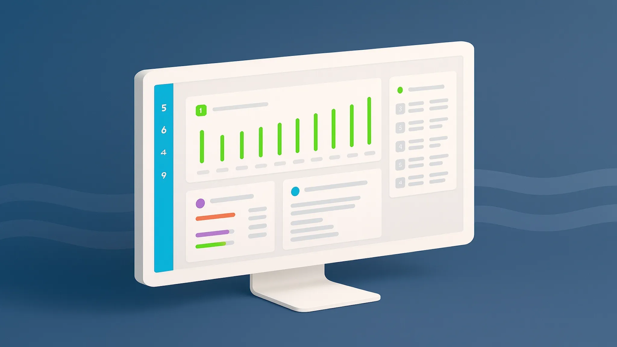 White computer monitor displaying a data dashboard with green bar graphs and analytics.