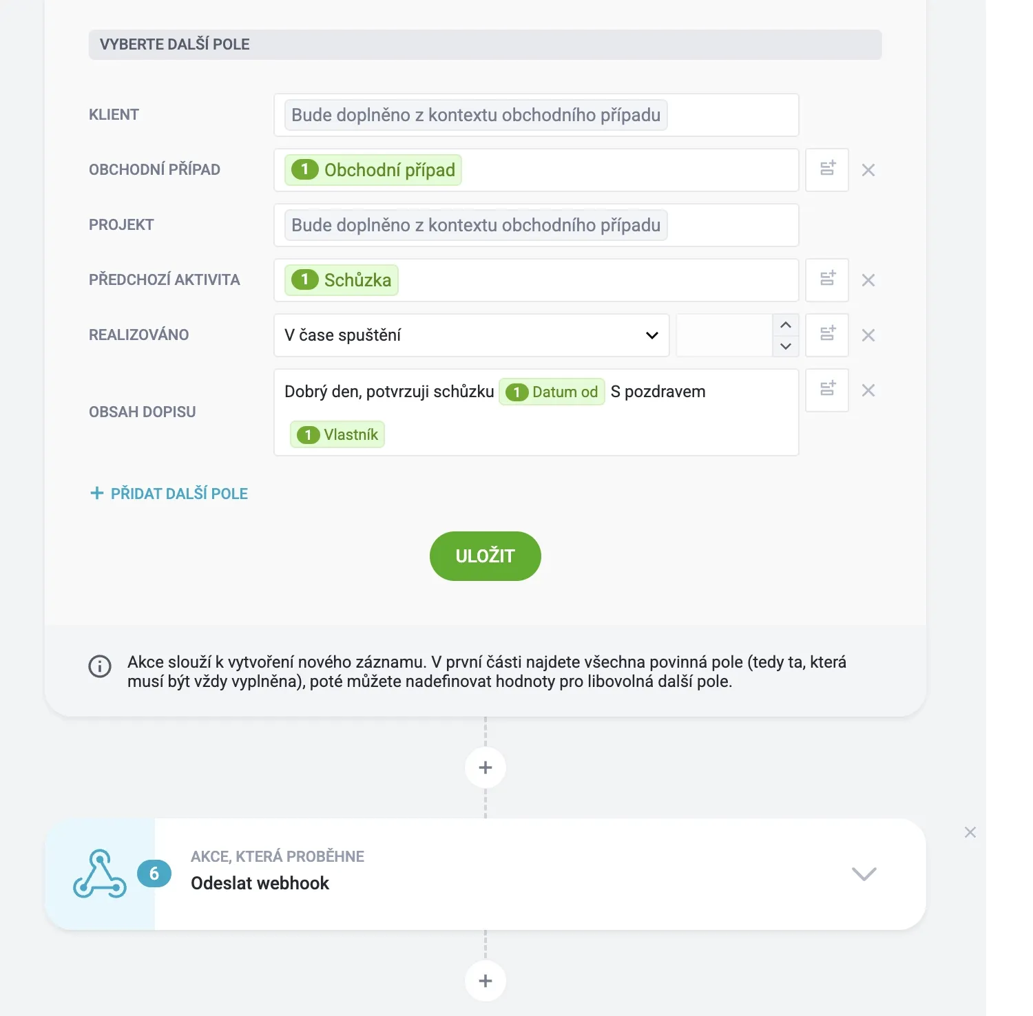 A web form for data entry in Czech with multiple fields and a green 'Uložit' button.