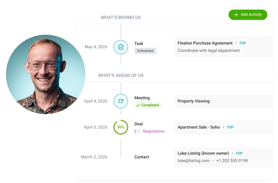 Profile of a smiling man with glasses next to a digital workflow for tasks and deals.