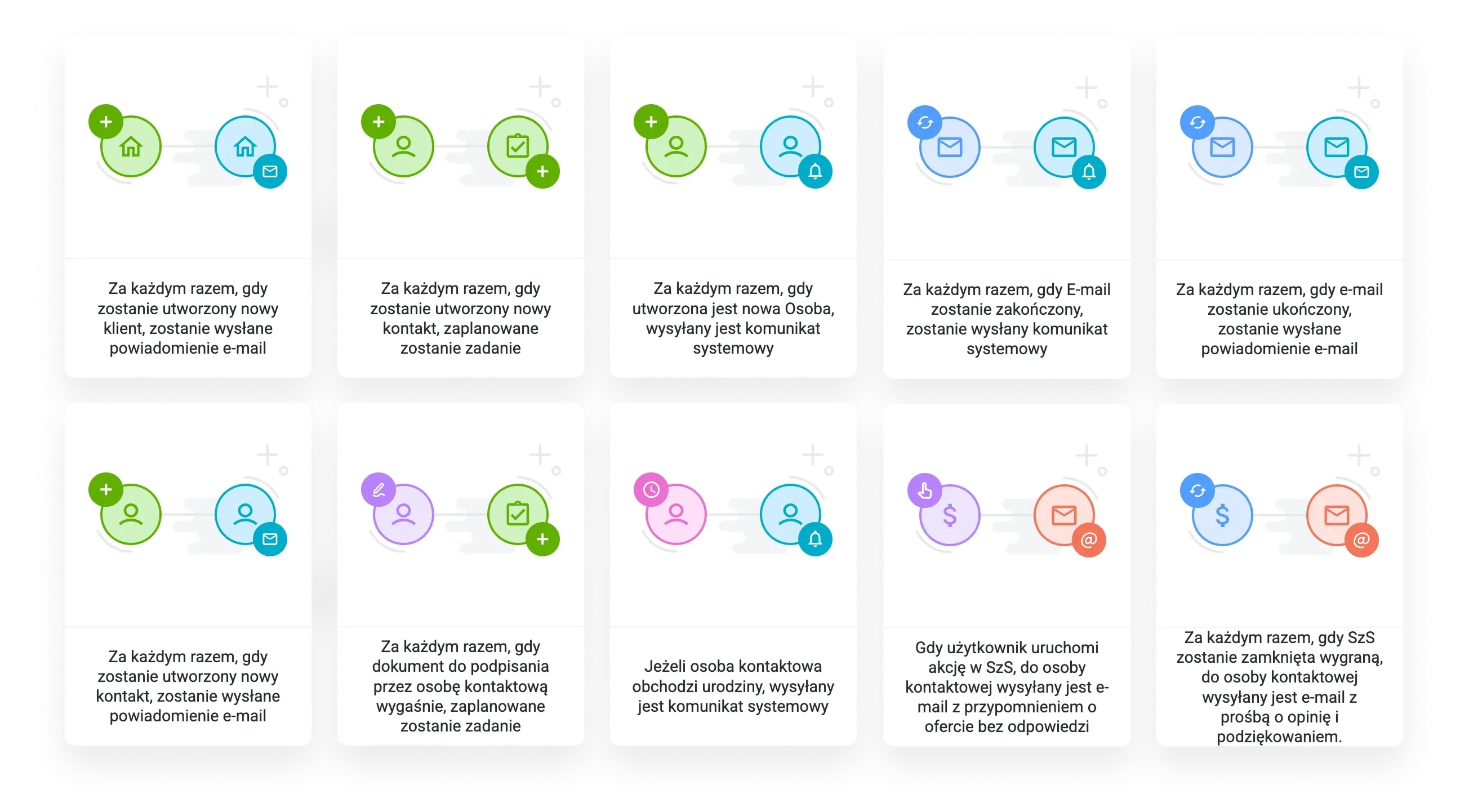 Grid of ten white cards, each with abstract green, purple, and blue circular graphics and Polish text.