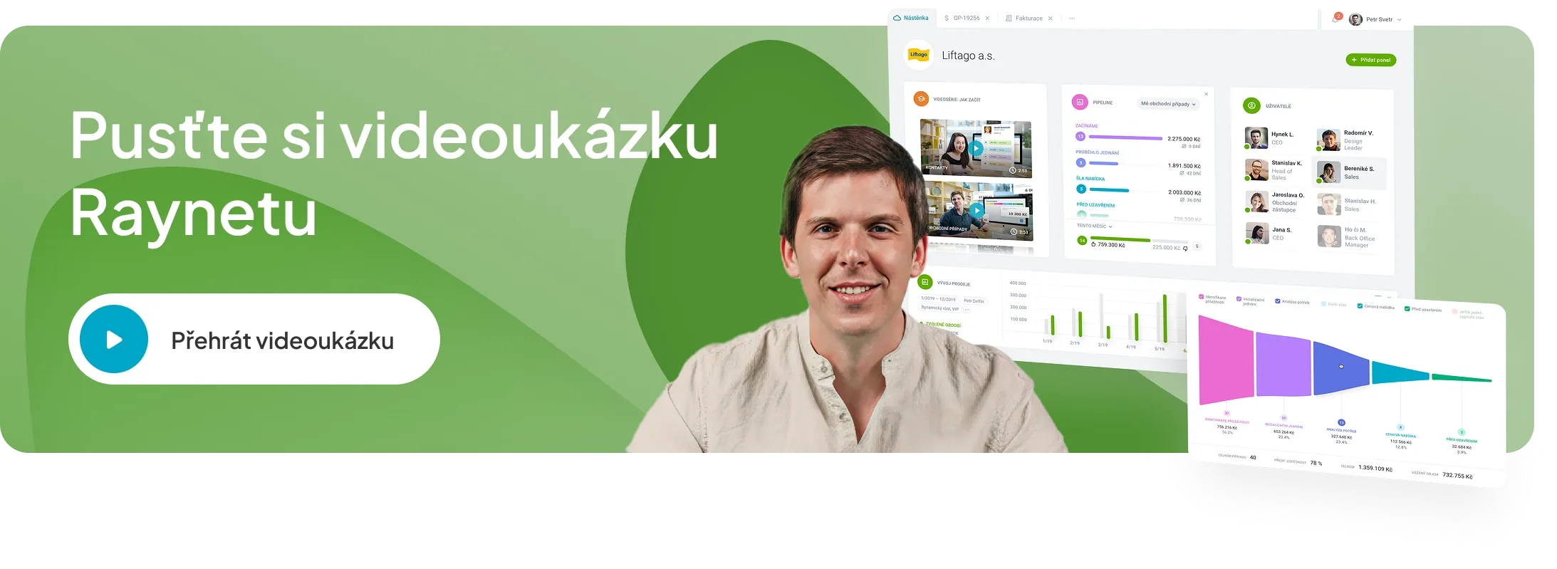 Smiling man presents Raynet video preview, software interface, and data funnel chart.