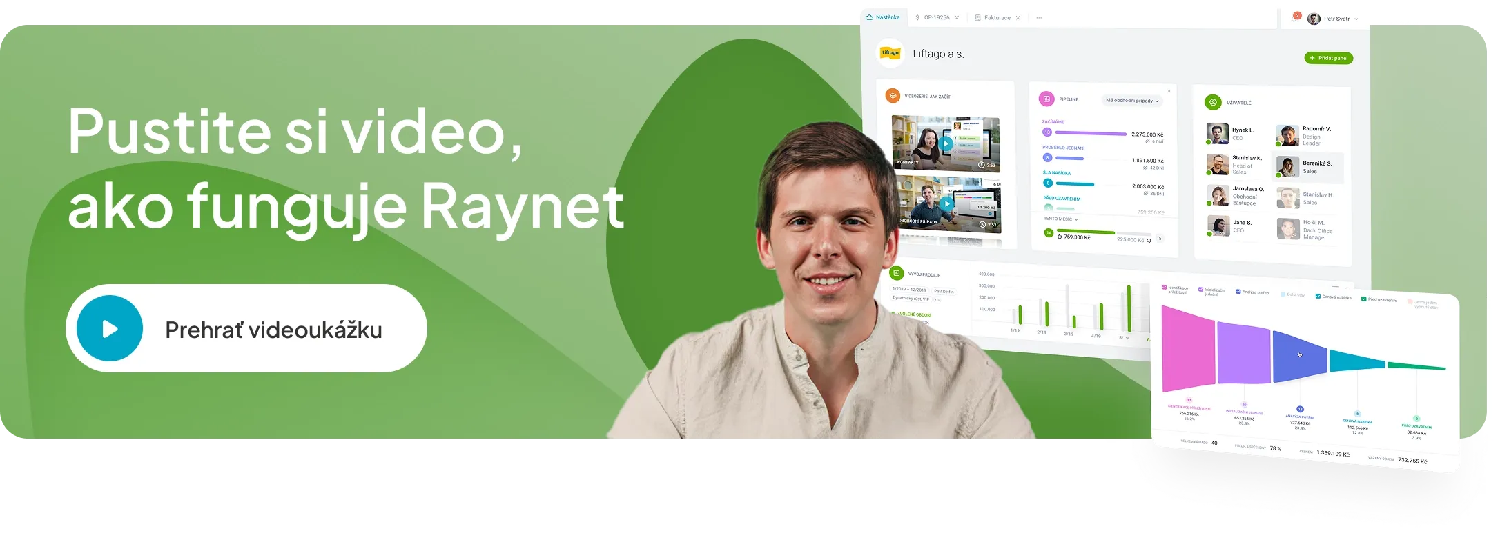 Video ukážka systému CRM Raynet so sales dashboardom, obchodným lievikom a správou tímu.