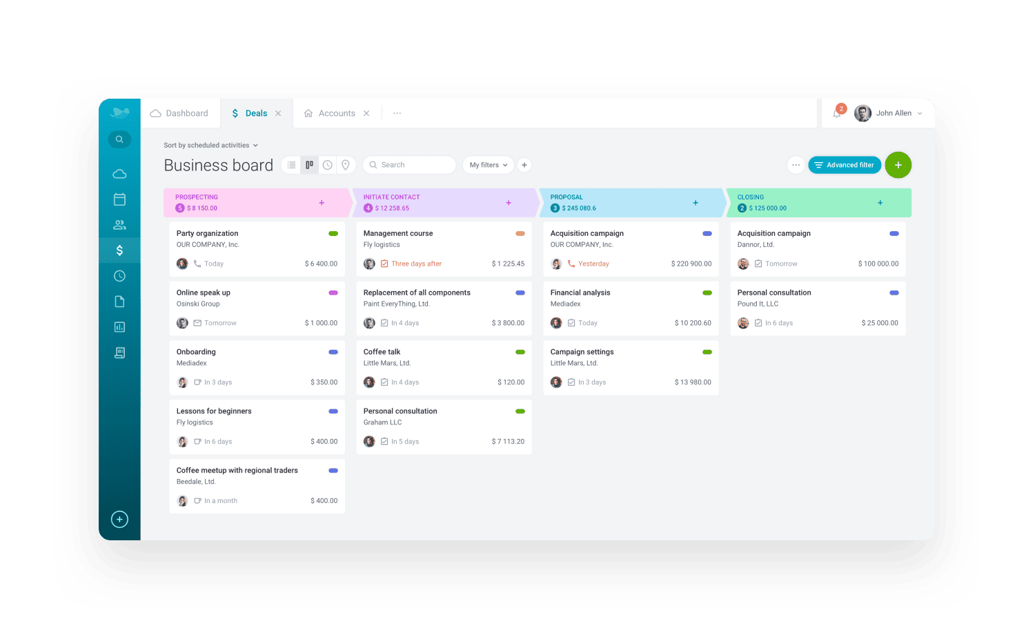 Business board in a simple CRM – overview of deals sorted by process stages: contact initiation, proposal, closing |Raynet CRM