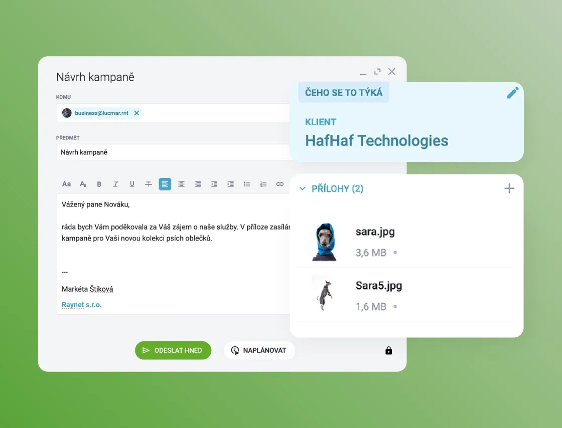 E-mailová schránka v CRM Raynet s návrhom kampane, prílohami a správou klienta.