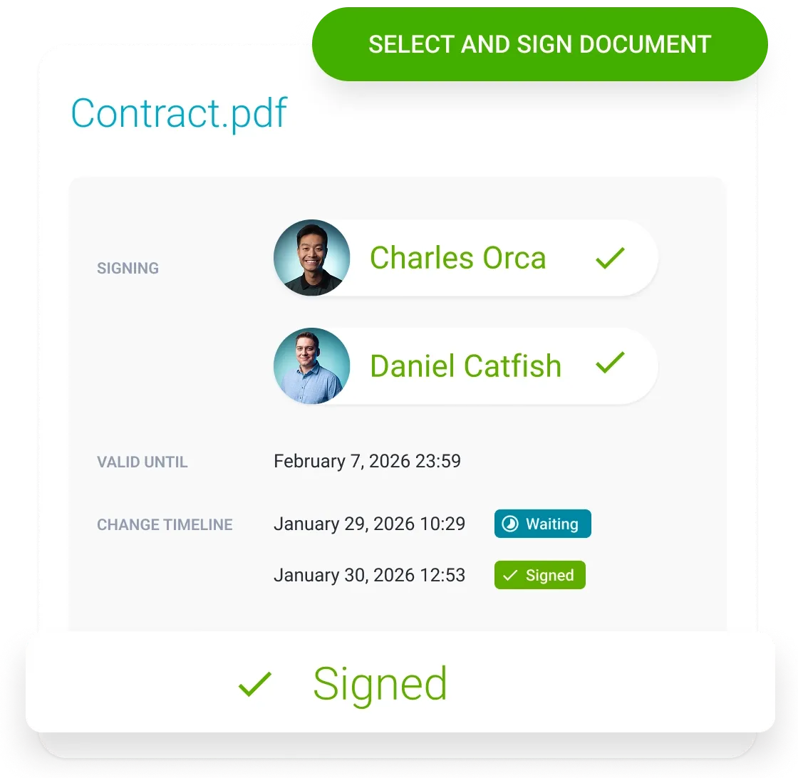 Digital document signing interface showing a signed contract by Charles Orca and Daniel Catfish.