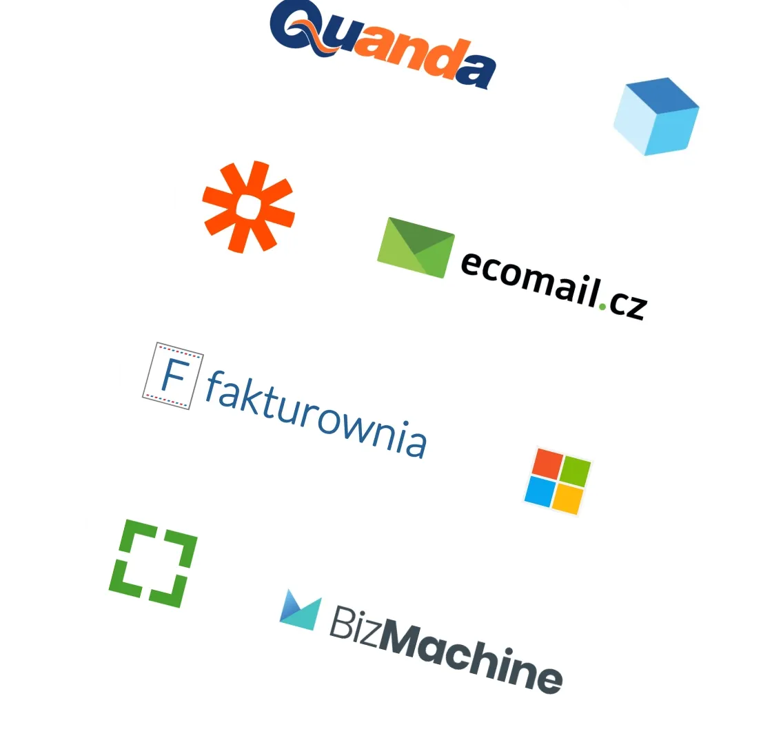 Overlapping white cards display various software logos including Quanda, ecomail.cz, and BizMachine.