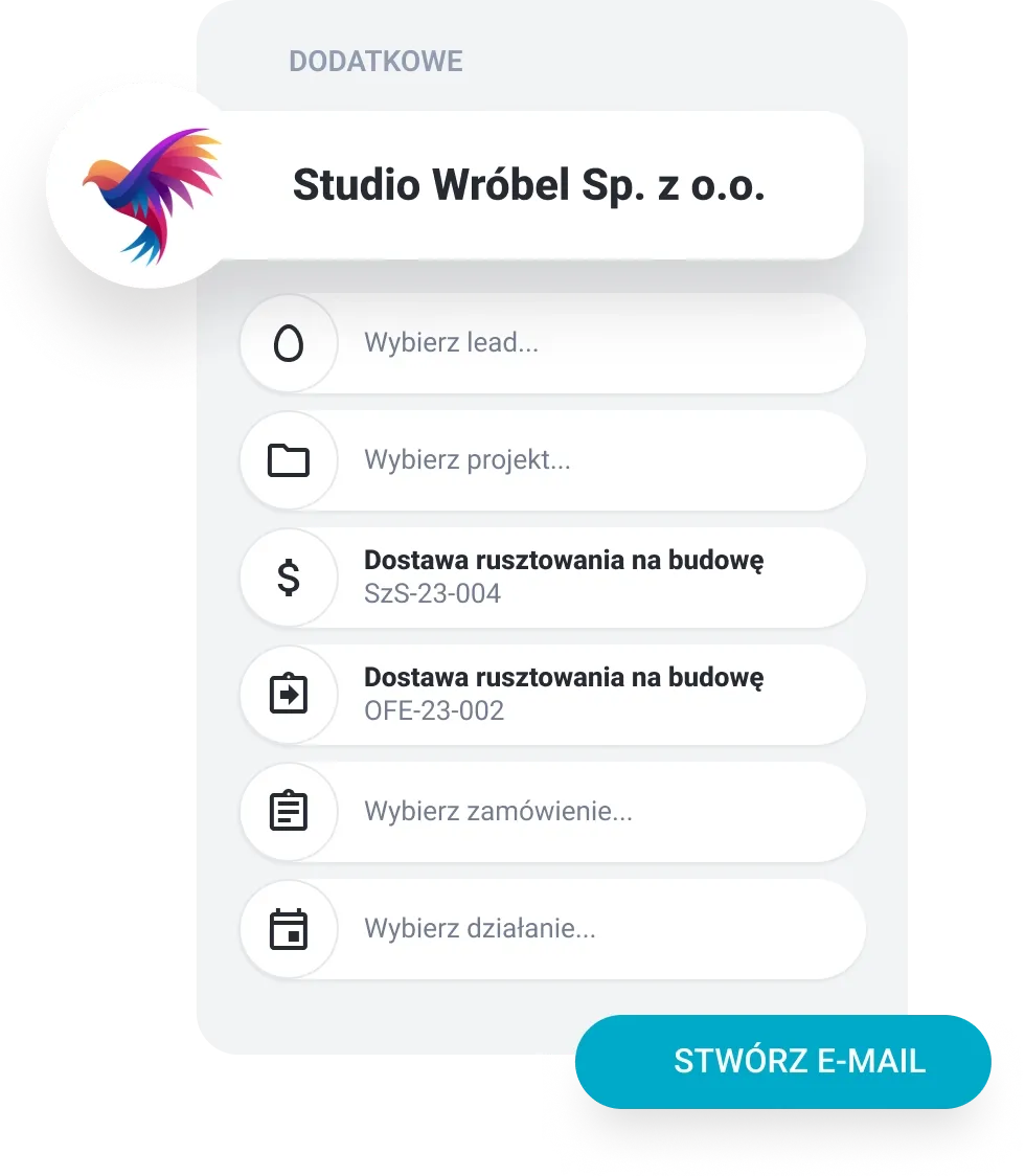 Mobile app interface showing Studio Wróbel company menu for project management tasks.