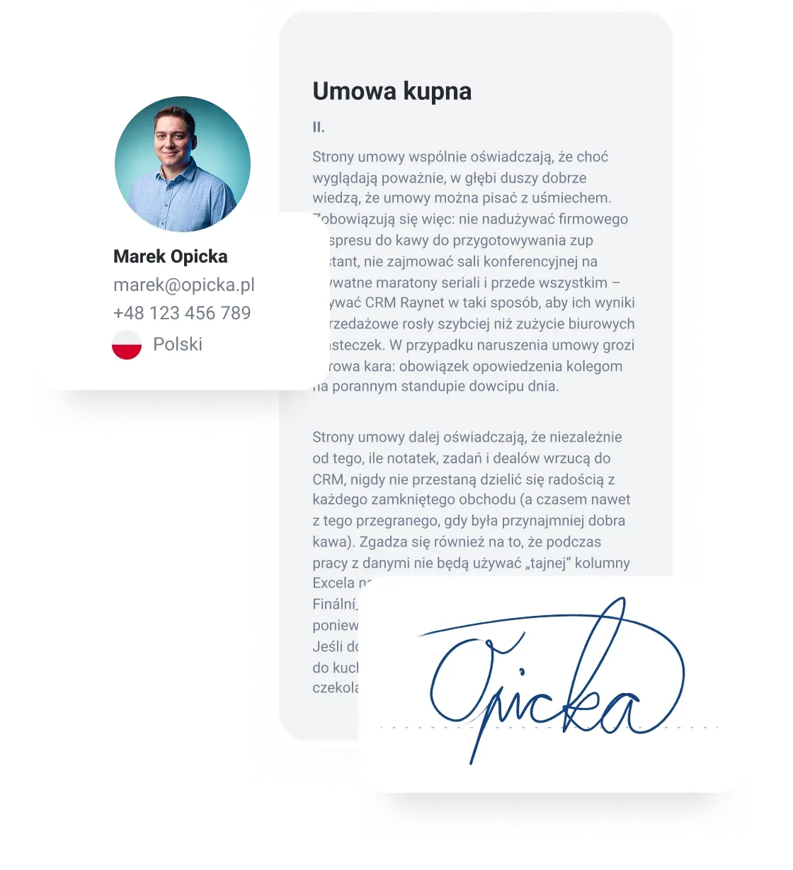 Digital contract with profile picture, contact information, and a handwritten signature.