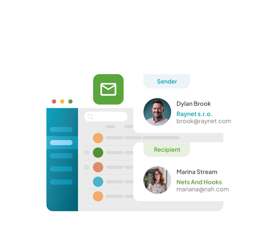 Email client interface displaying sender Dylan Break and recipient Hanna Stream profiles.
