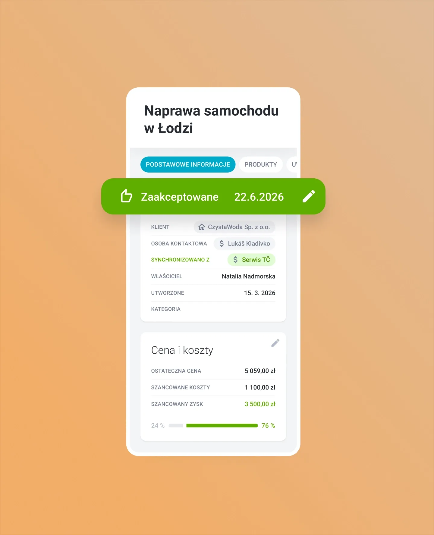 Mobile app showing car repair details in Łódź with a highlighted date 12-4-2023.