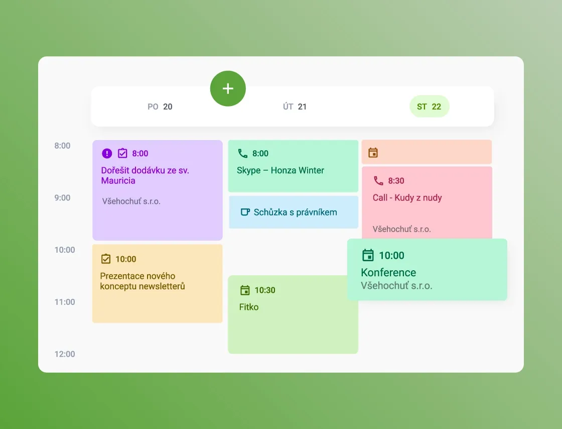 Kalendár aktivít v CRM Raynet s plánovanými schôdzkami, hovormi a konferenciami.
