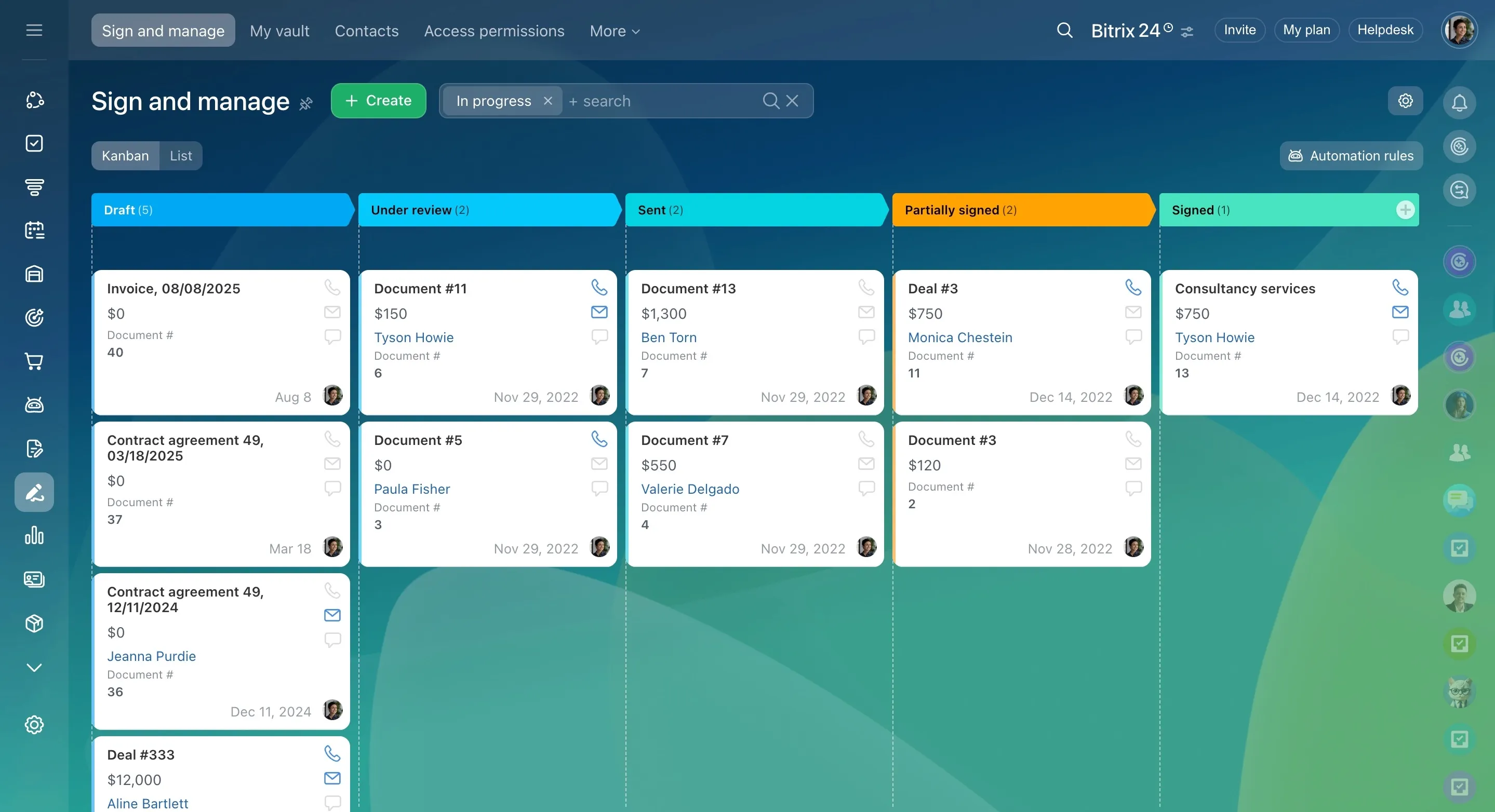 Kanban board interface displaying project tasks in 'Backlog', 'In progress', 'Review', 'Done' columns.