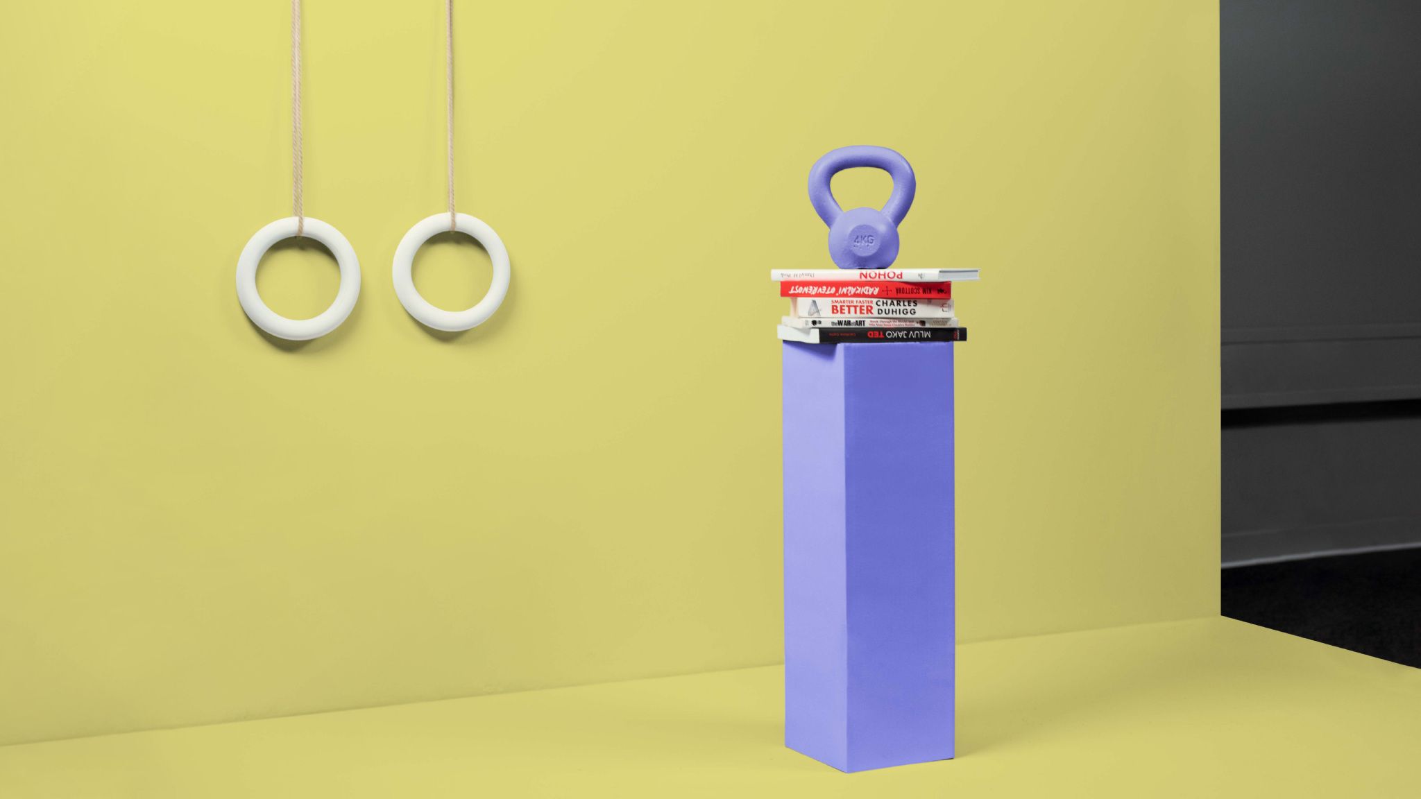 Kettlebell and books on a pedestal with gym rings nearby. |Raynet CRM