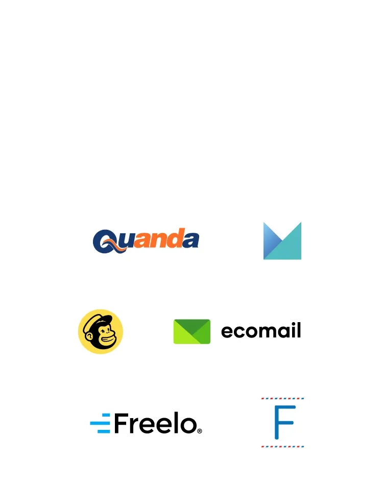 A grid displaying various company logos including QANDA, ecomail, and Freelo.