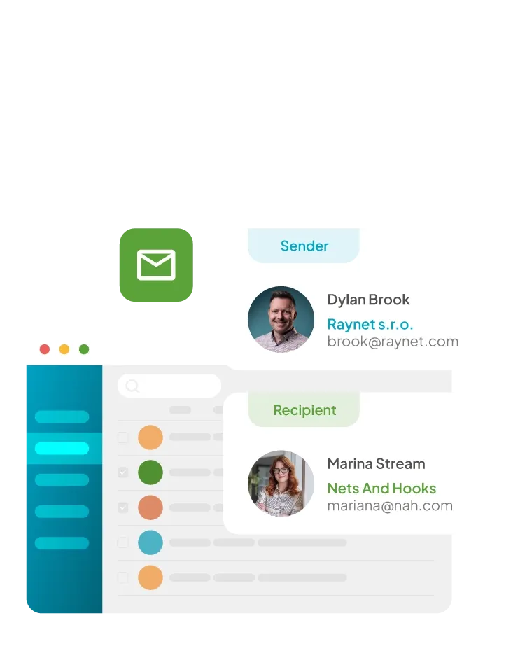 Digital interface showing email sender Dylan Brock and recipient Marina Green profiles.