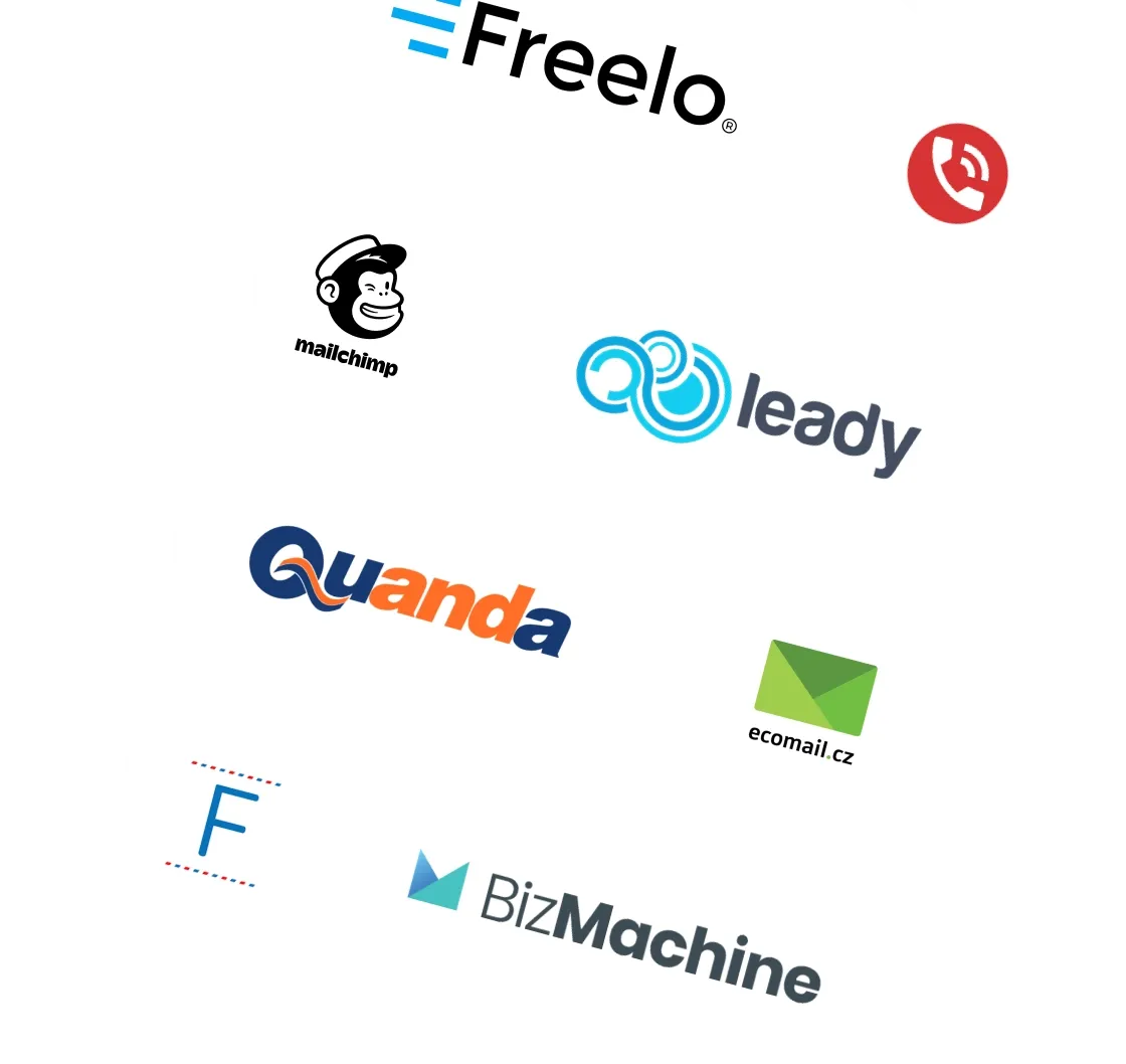 Collage displaying various software and service company logos like Freelo, Mailchimp, and Quanda.