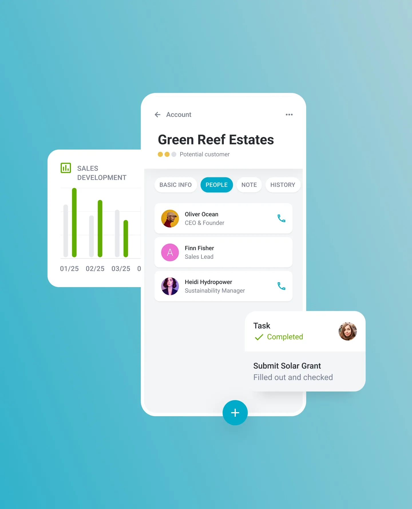 Mobile app interface showing contacts and analytics for 'Green Roof Estates'.
