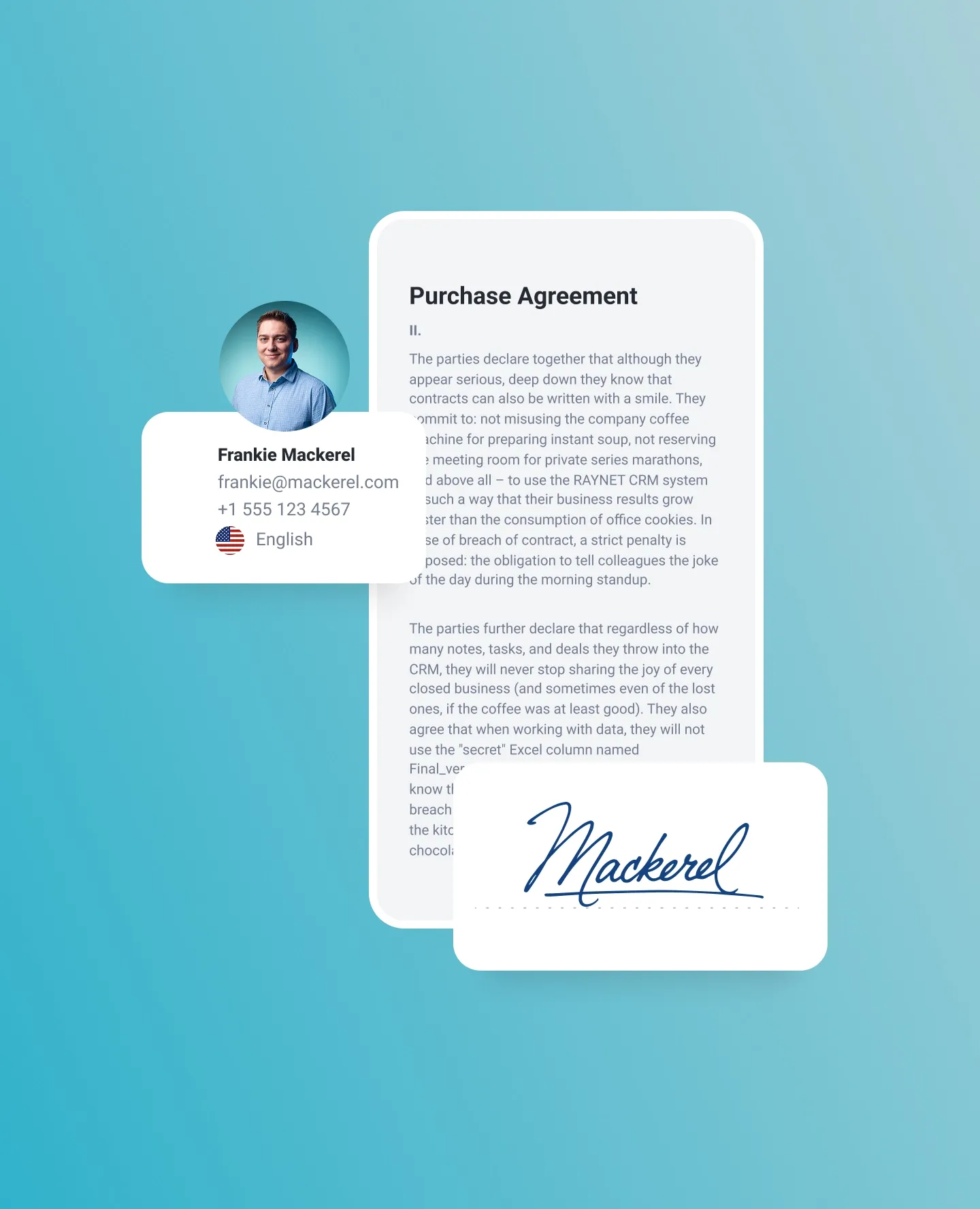 Digital purchase agreement document, a profile card for Pedro Maynard, and a digital signature.