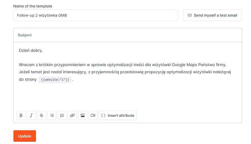 Przykładowy follow-up utworzony w narzędziu do mailingu.