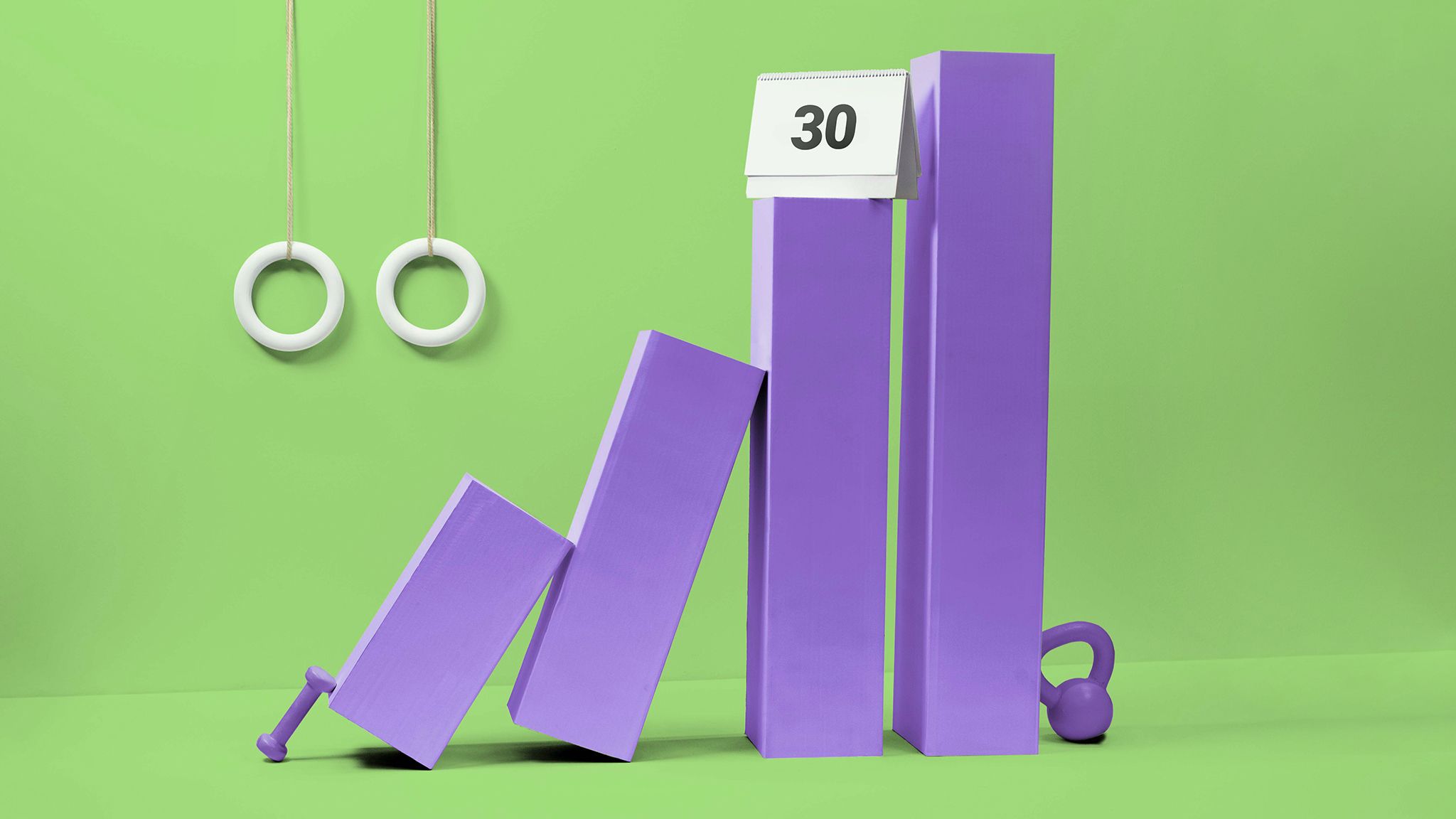 Purple blocks forming a graph, calendar showing number 30, gymnastic rings, and a kettlebell on a green background