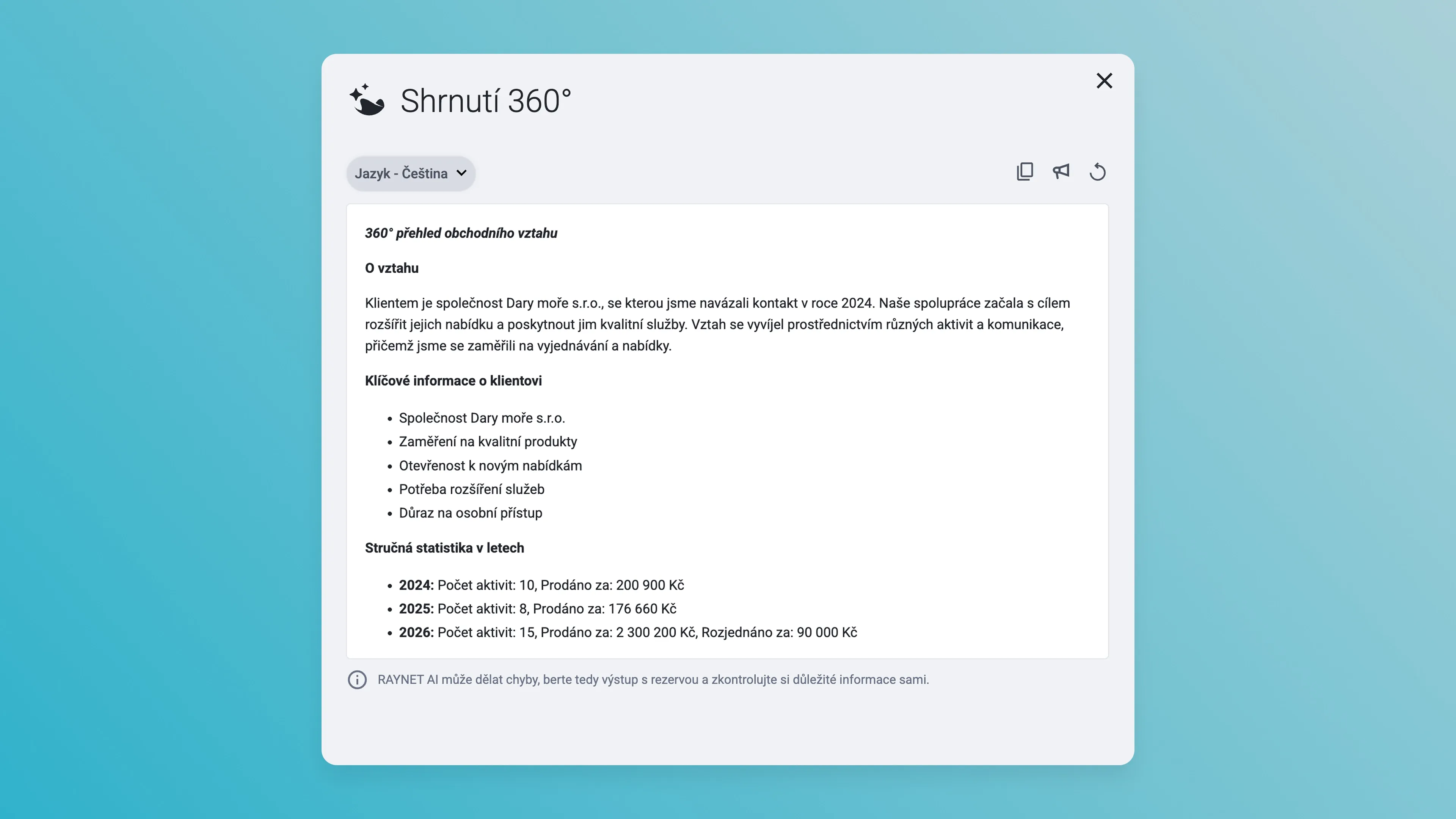 Computer pop-up window titled 'Shrnutí 360°' displaying a detailed summary report in Czech.