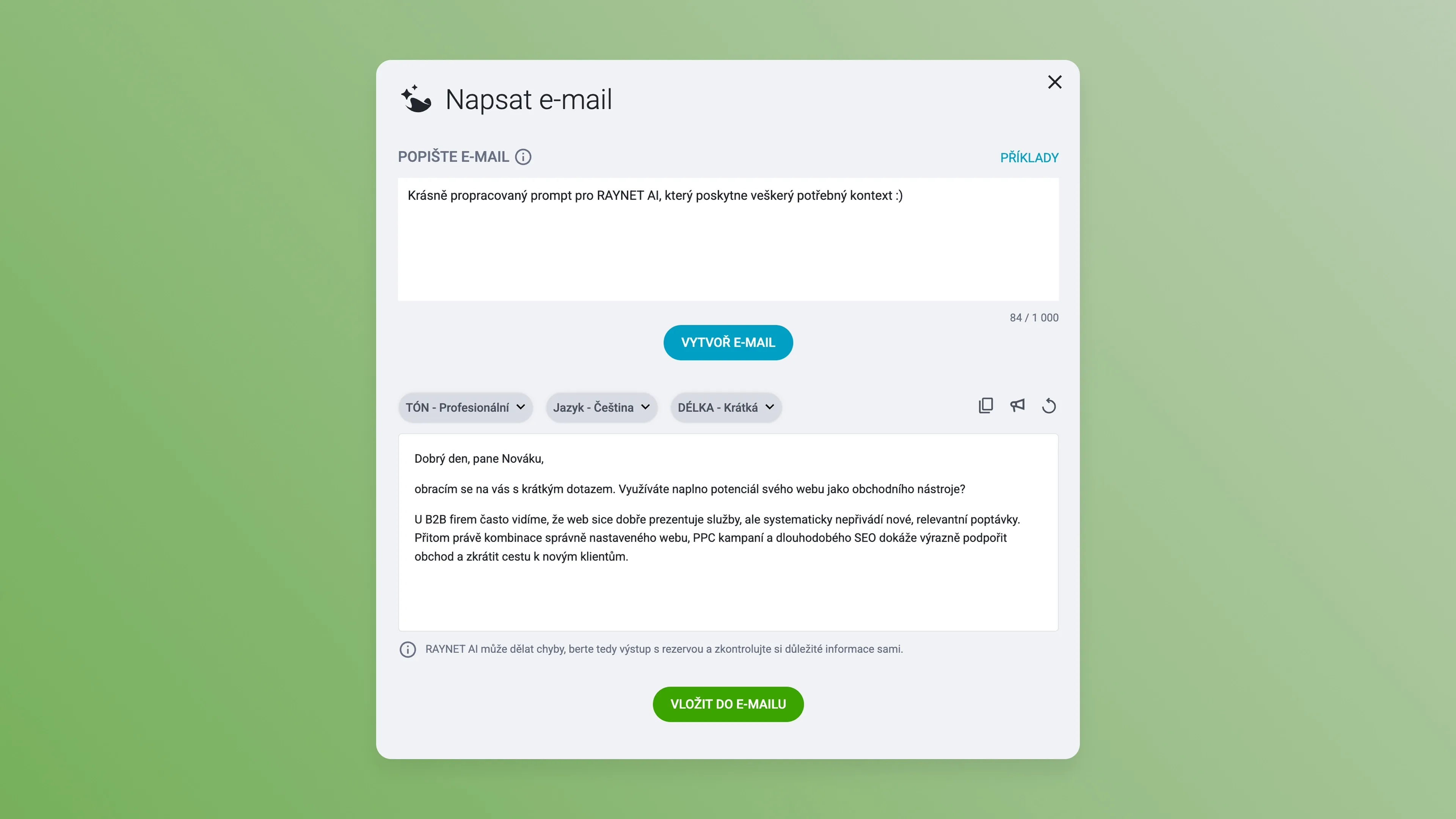 Email composition interface showing a draft with recipient, subject 'Vítejte u nás!', and content.
