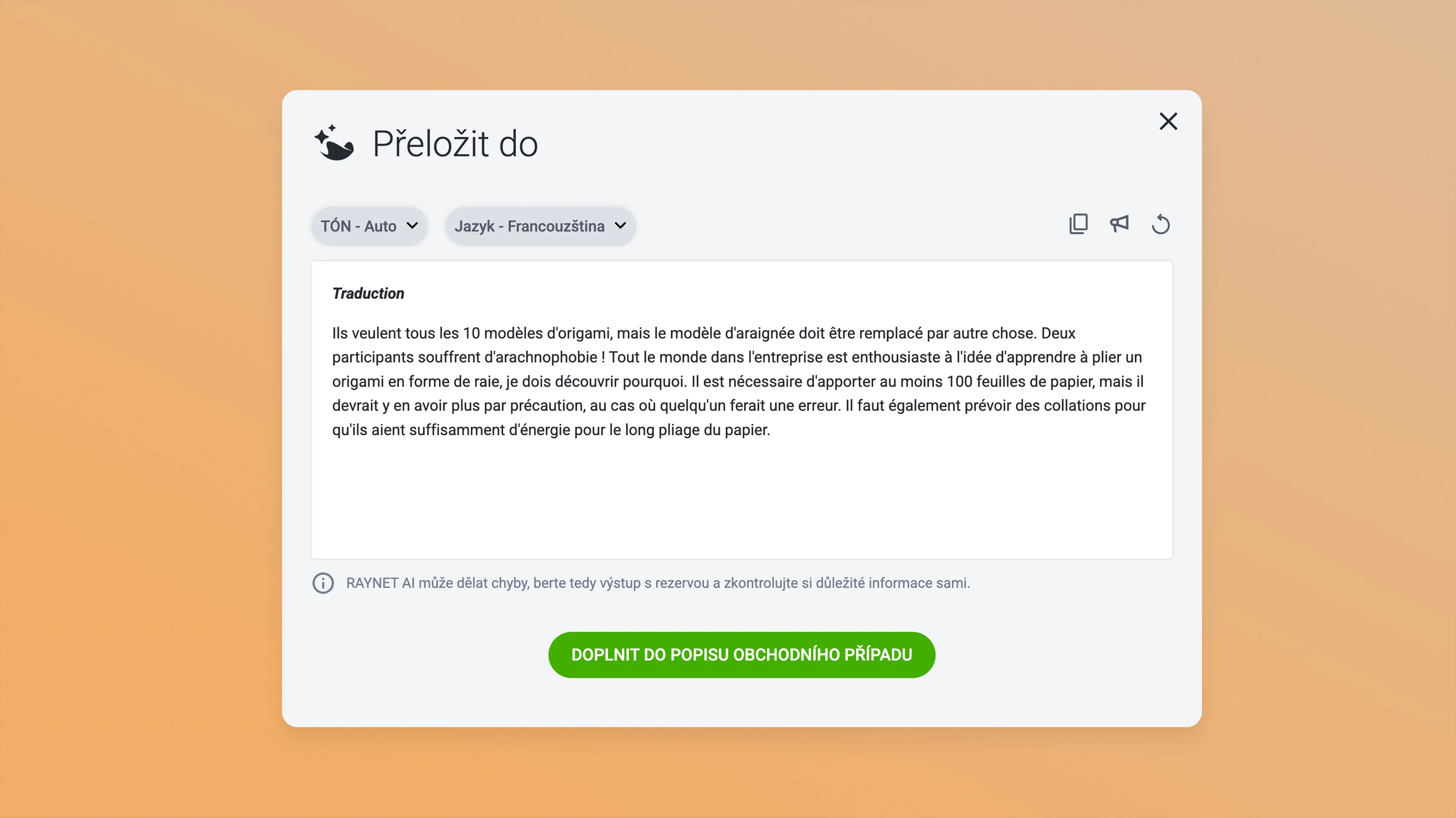 Screenshot of a translation tool with Czech text, ready for English conversion and saving.