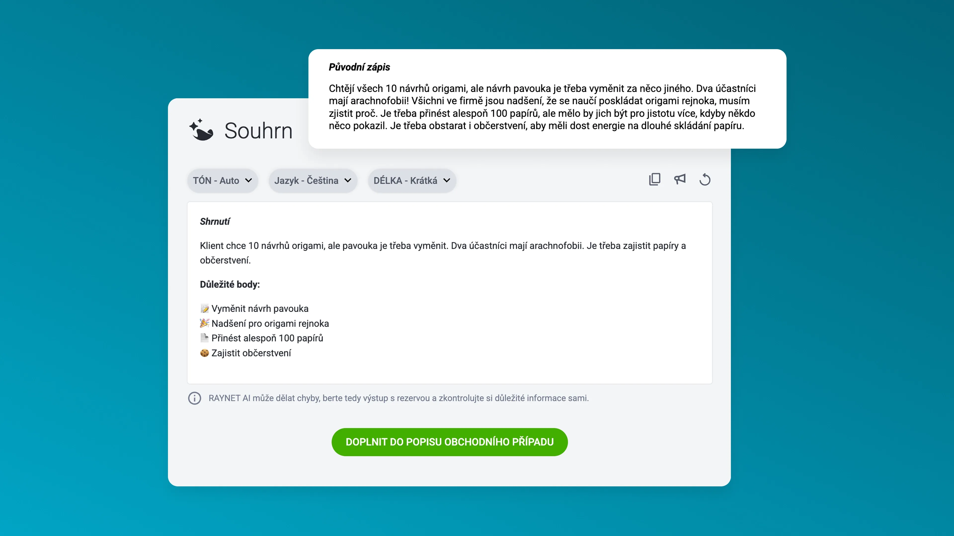 Software interface displaying a summary page with a pop-up explanation and a green save button.