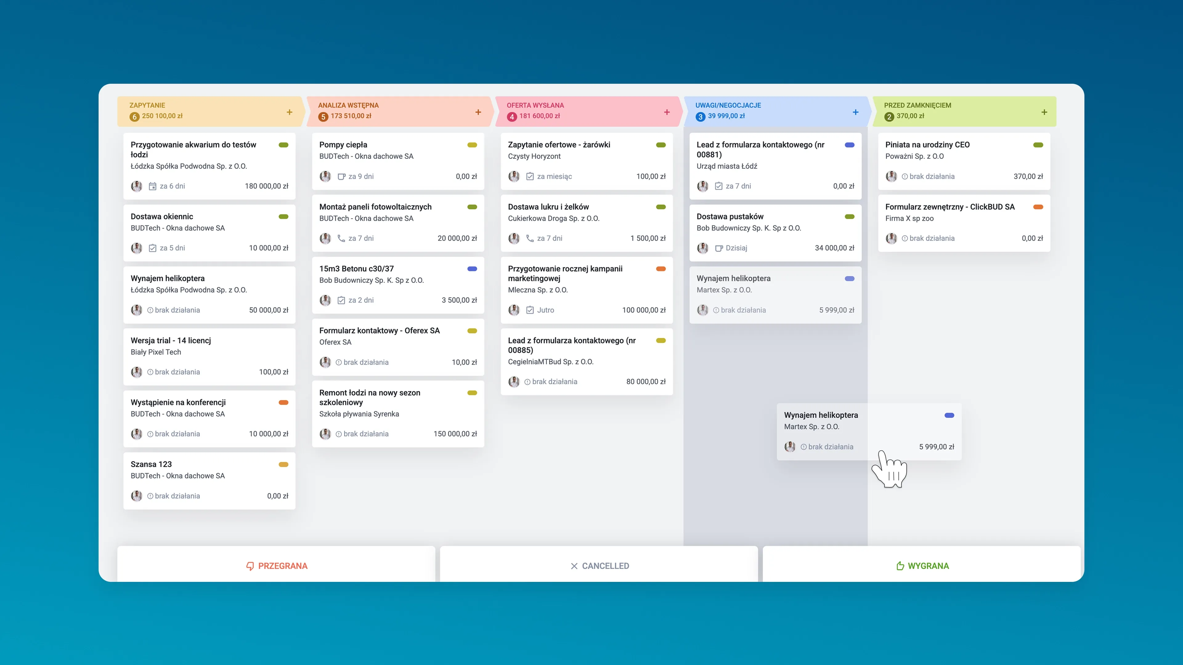 Digital kanban board displaying tasks in various stages with a card being dragged.