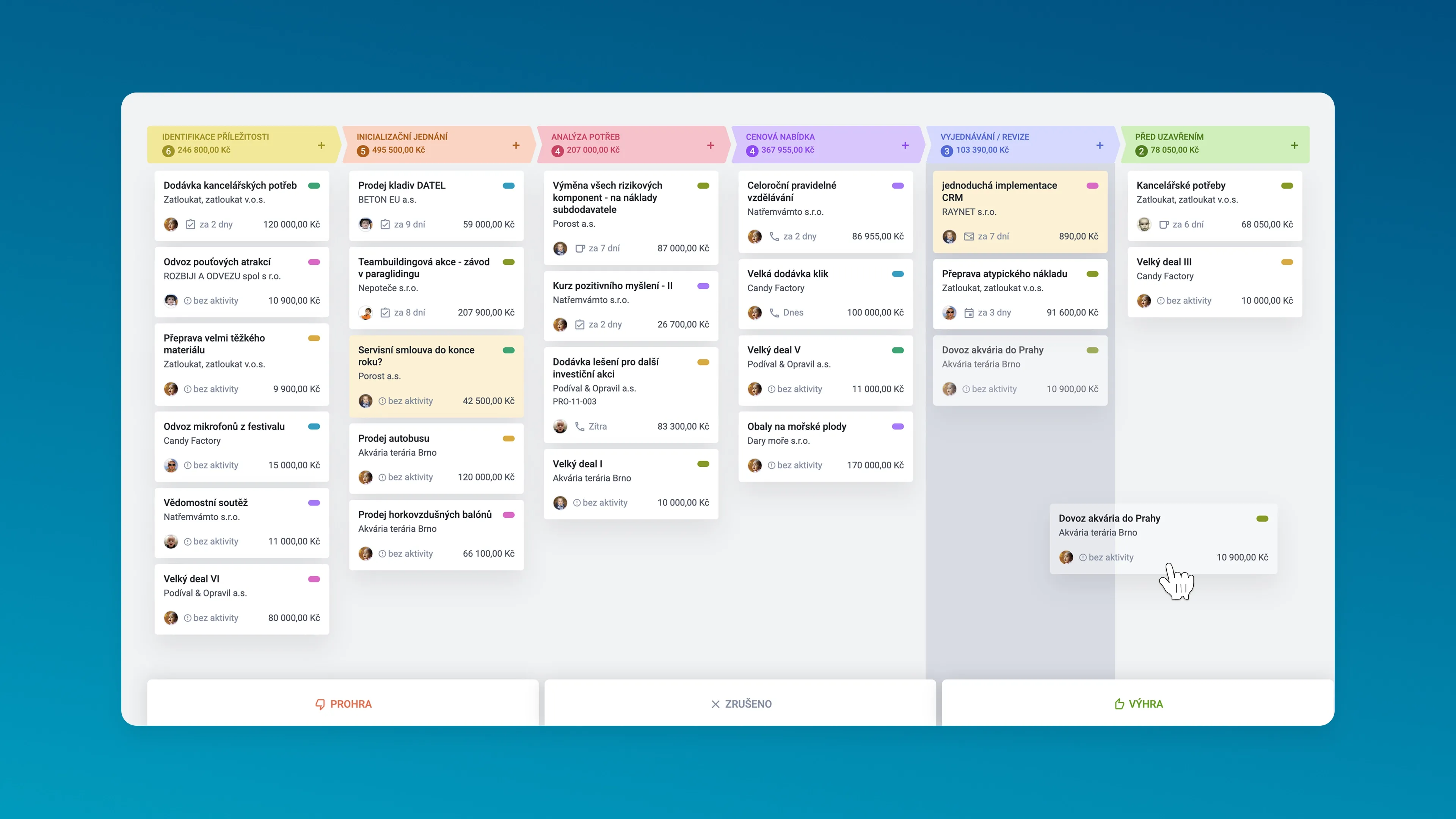 Přehledné rozhraní Raynet CRM s jednoduchou hlavní nabídkou a moderním designem