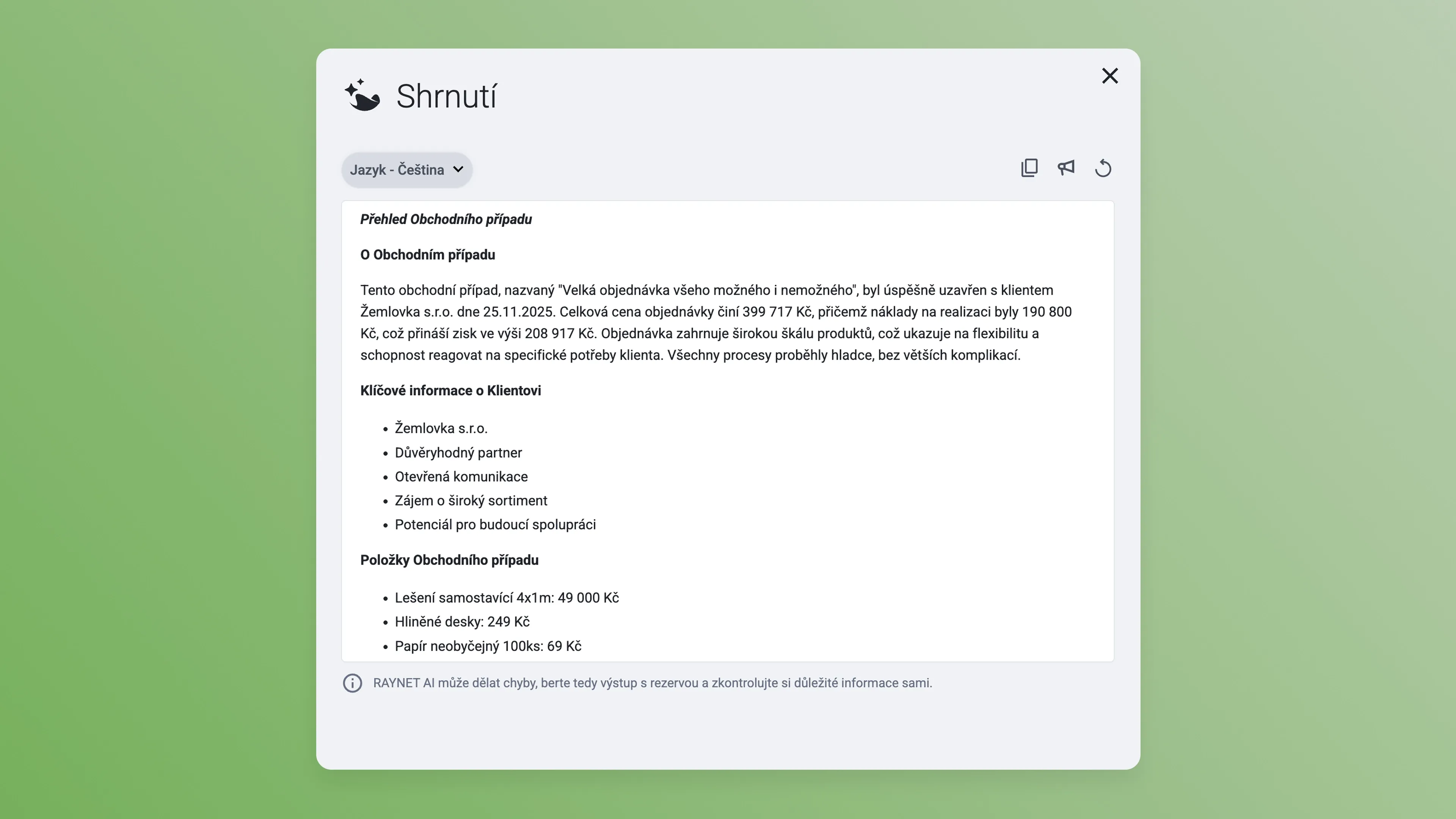 White UI showing a document titled 'Shrnutí' with bullet points and paragraphs of text.