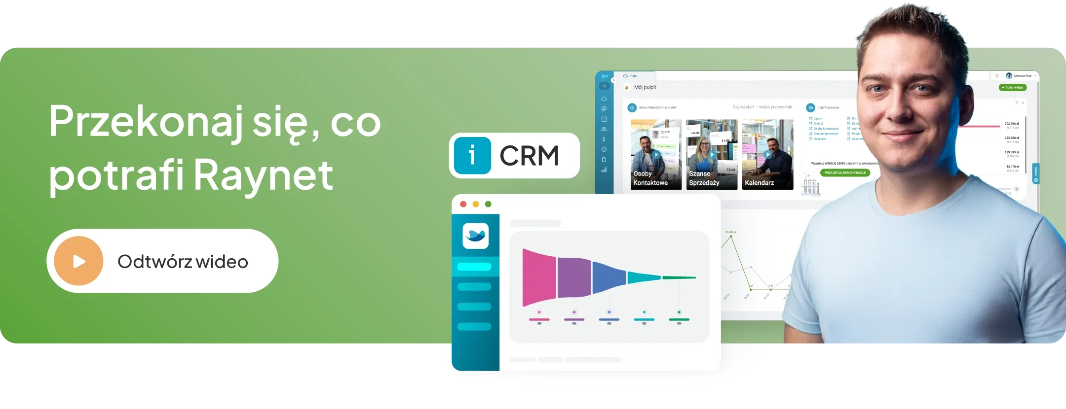 Smiling man beside Raynet CRM software interface displaying data visualizations and text.