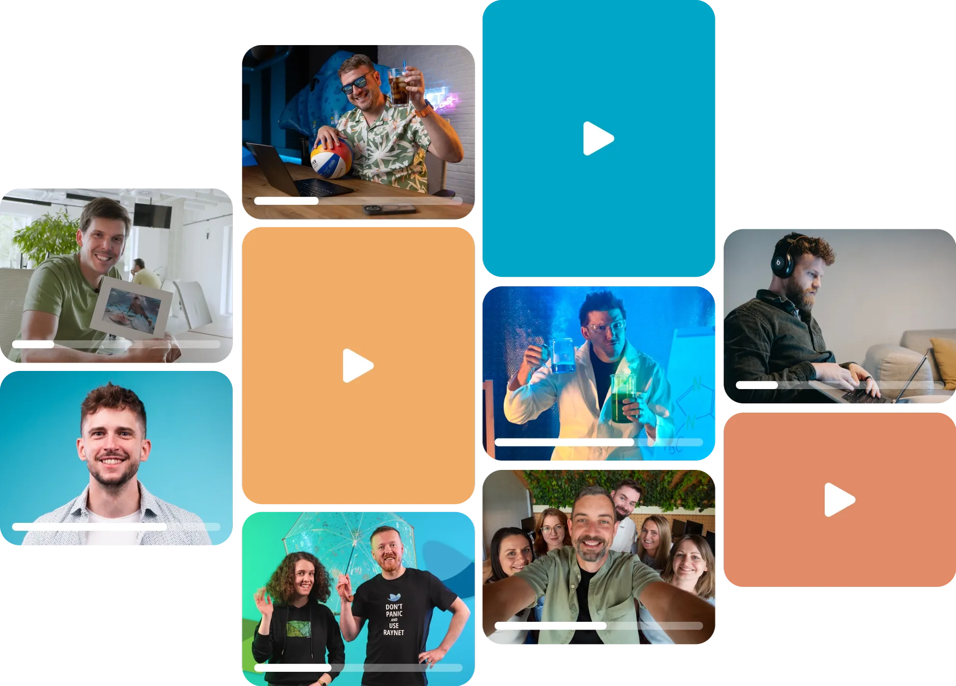 Tým Raynet CRM ve videomřížce s ukázkami firemní kultury a produktu.