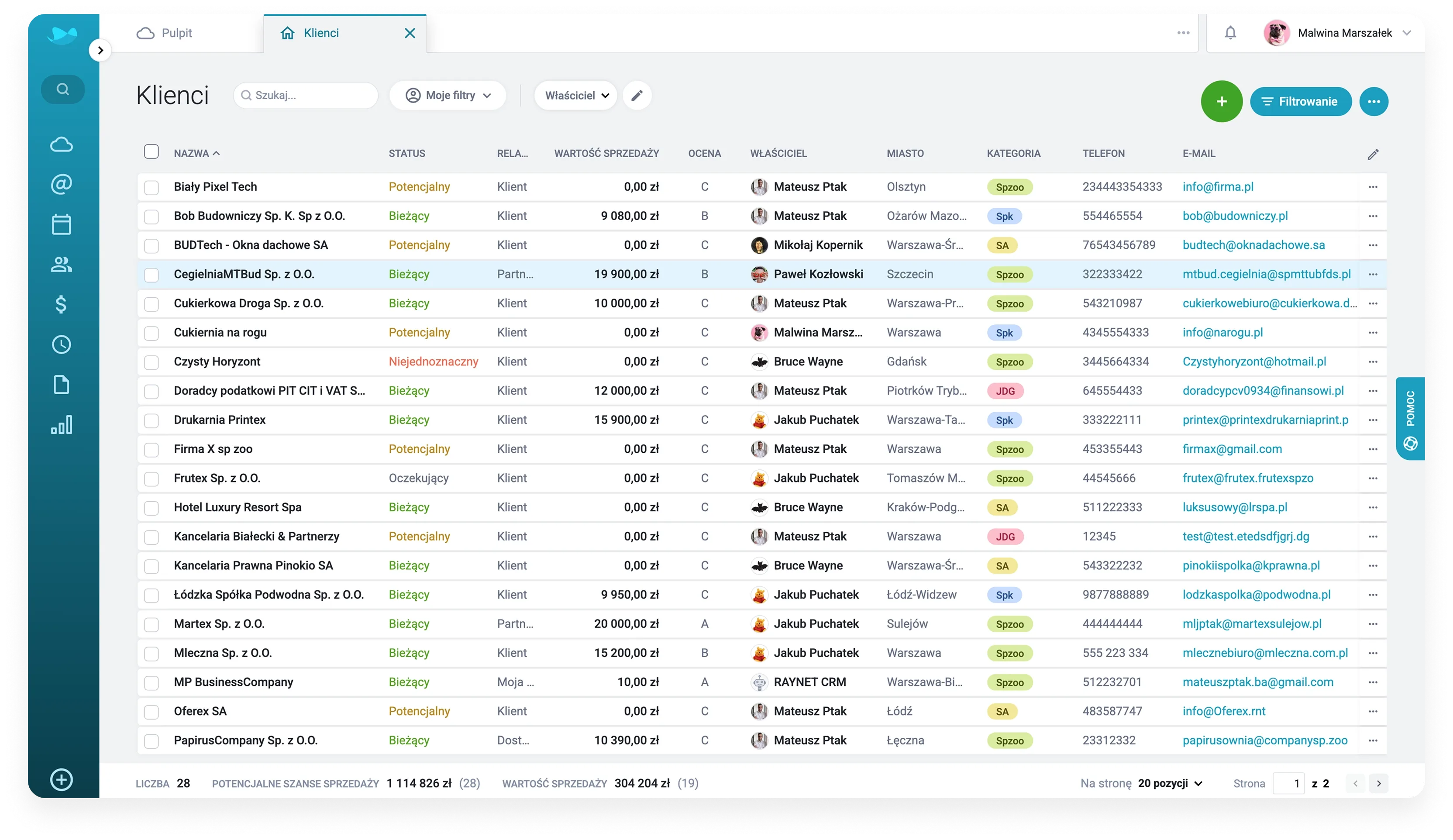 Klient application interface displaying a detailed data table with various project or client information.