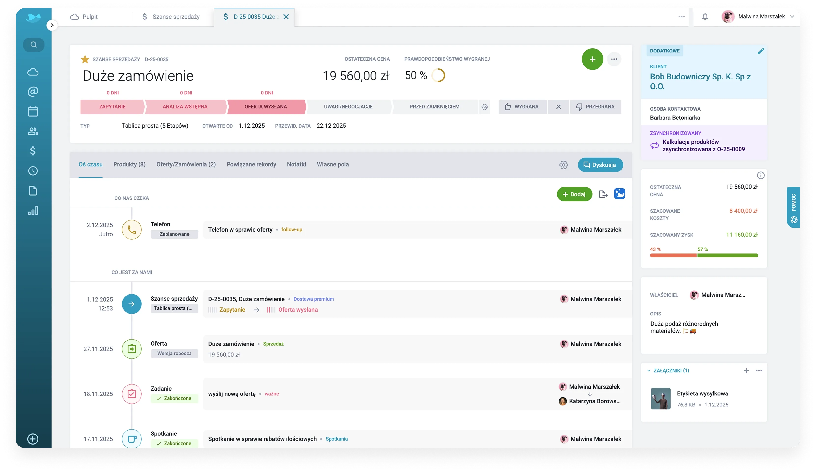 A clean, modern software interface displaying order data and project management tasks.