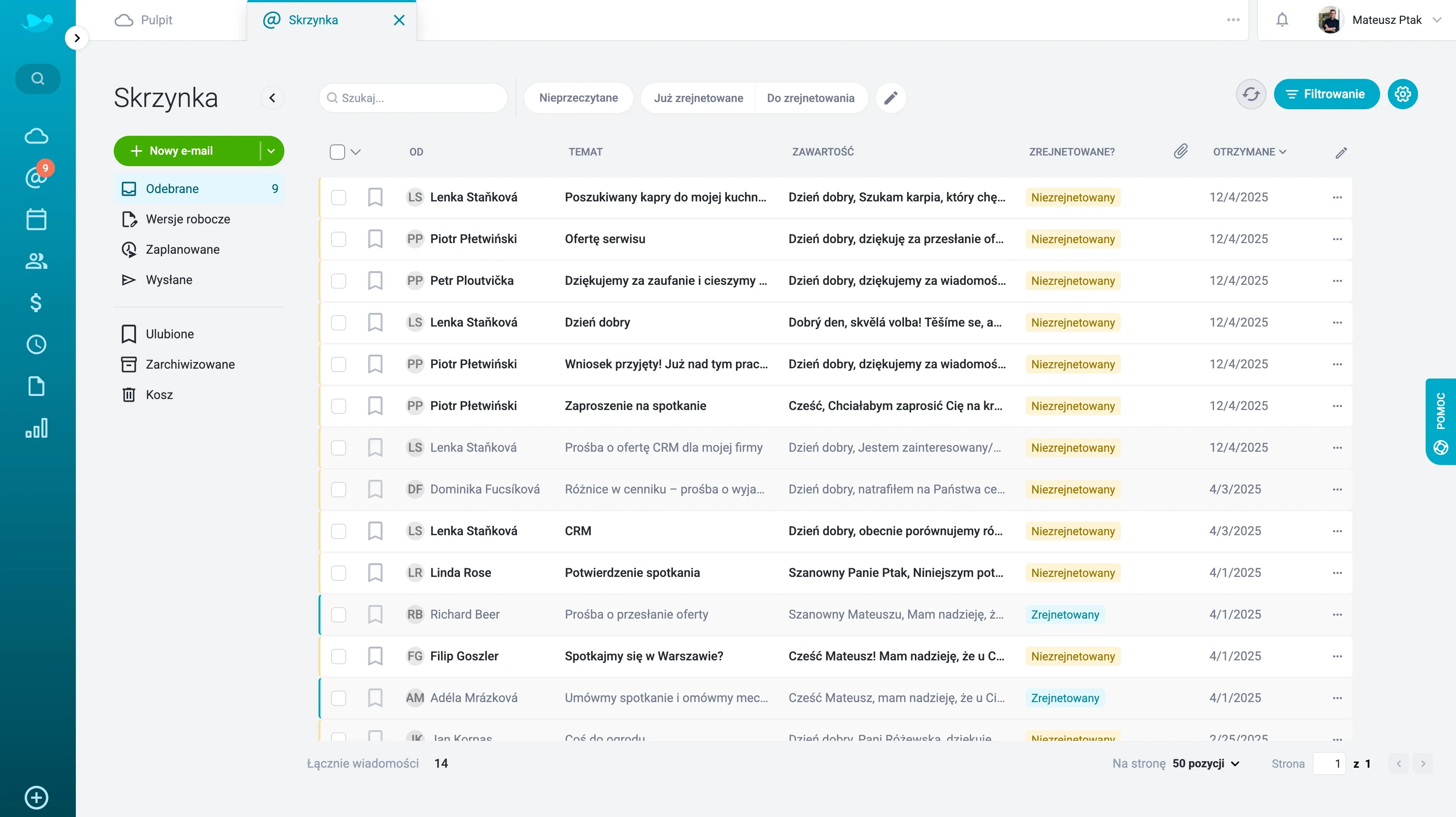 Modern email client interface displaying an inbox with a list of messages and sidebar navigation.