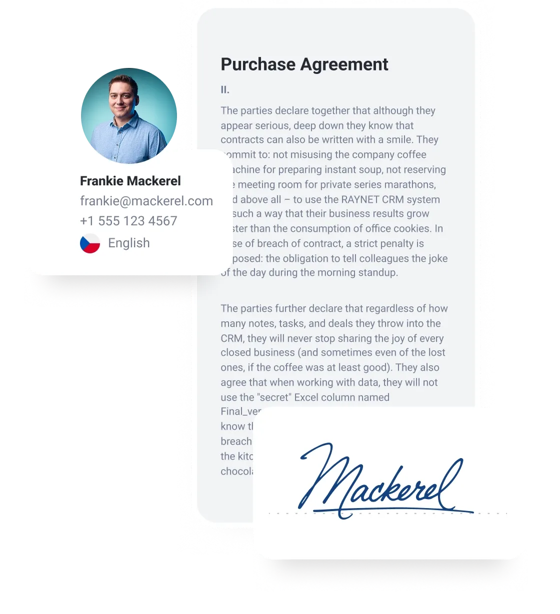Profile card for Pankaj Murtunal, a blurred purchase agreement document, and a digital signature.