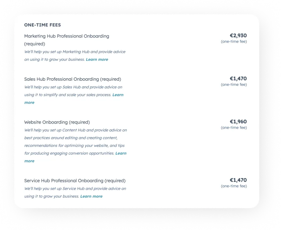 List of one-time professional onboarding fees for various HubSpot services.