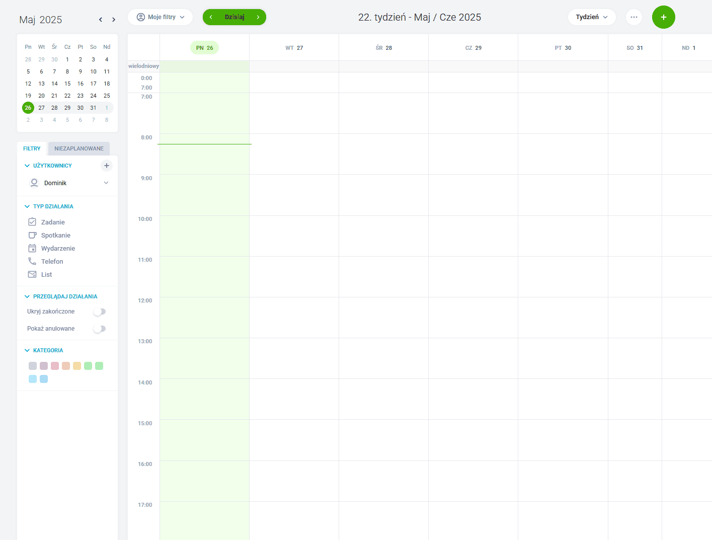 Analiza kalendarza a w tym funkcji historii zmian w Raynet CRM.