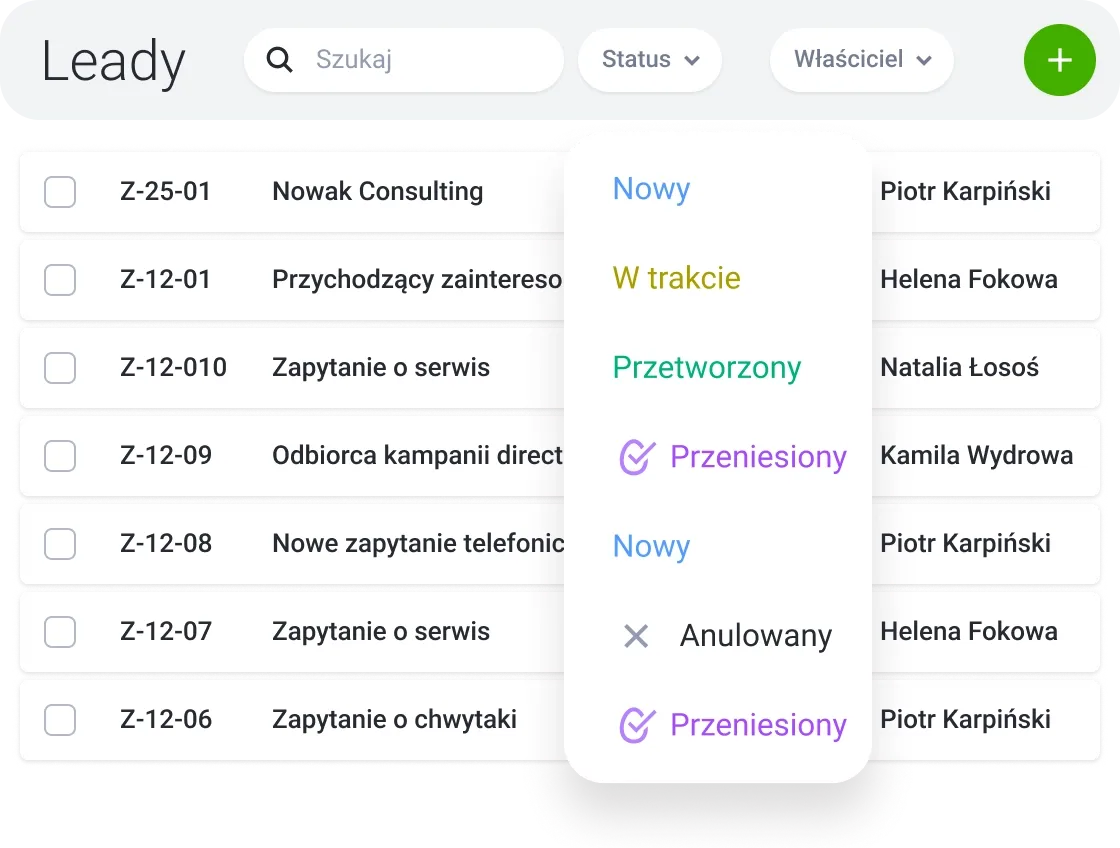 Lead management software displaying a list of leads with an active status filter dropdown menu.