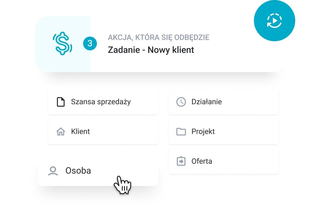 Dropdown menu shows options for a 'New client' task, with 'Person' highlighted.