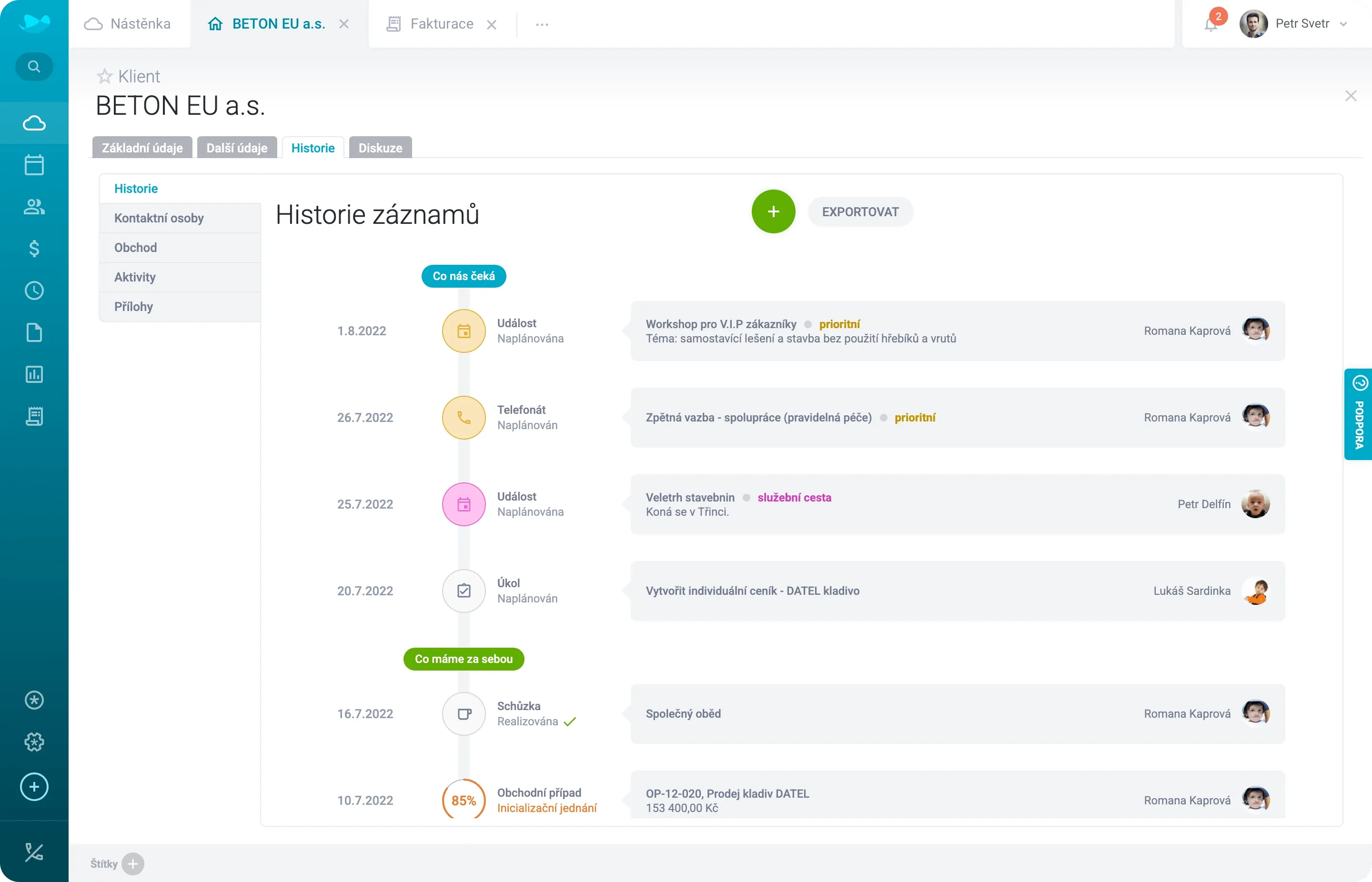 História klienta v Raynet CRM
