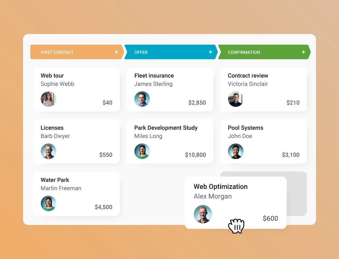 A digital project management dashboard showing tasks organized into workflow stages with a card being dragged.