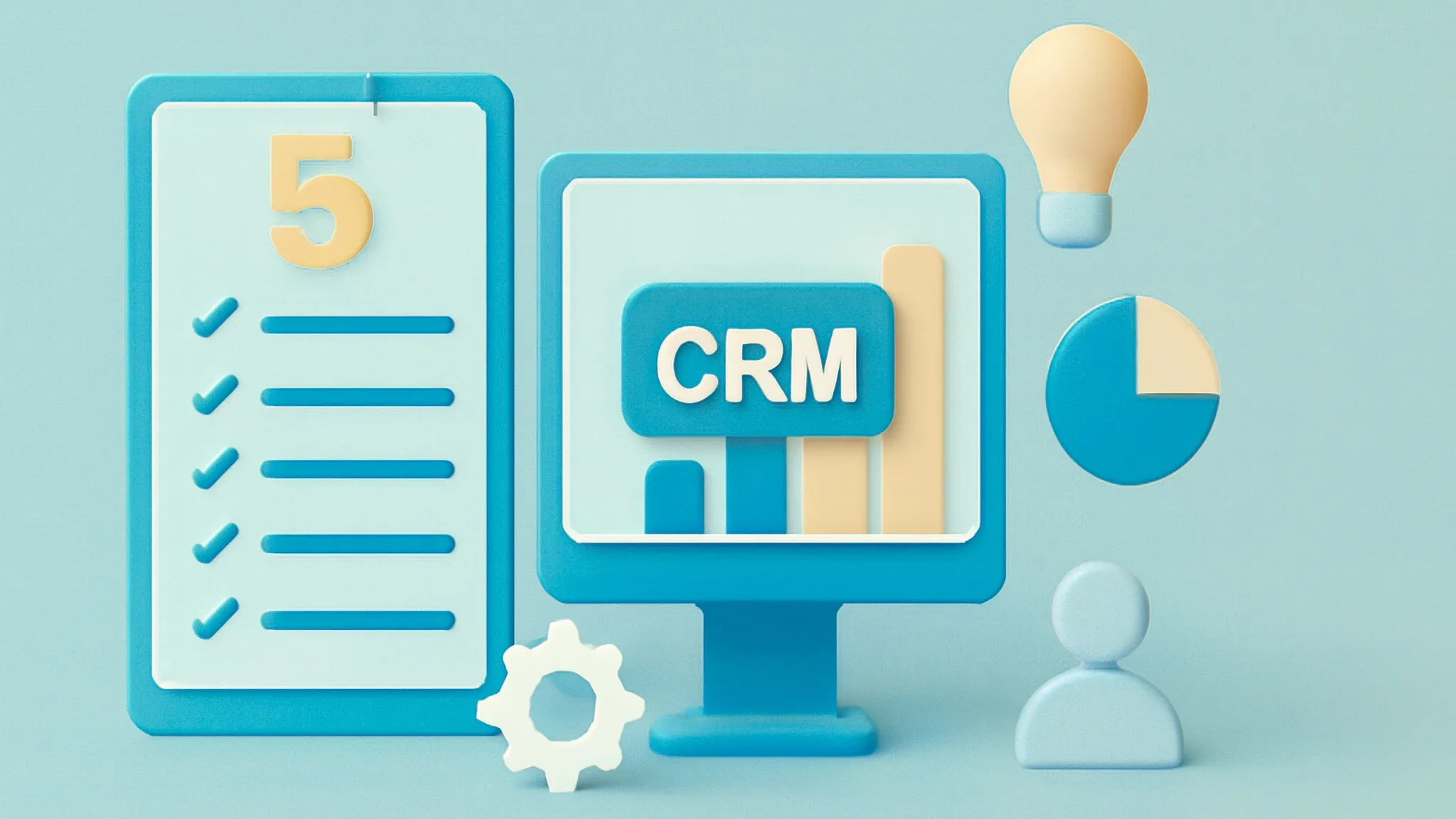 3D rendering of CRM monitor, checklist, charts, lightbulb, gear, and person icon.