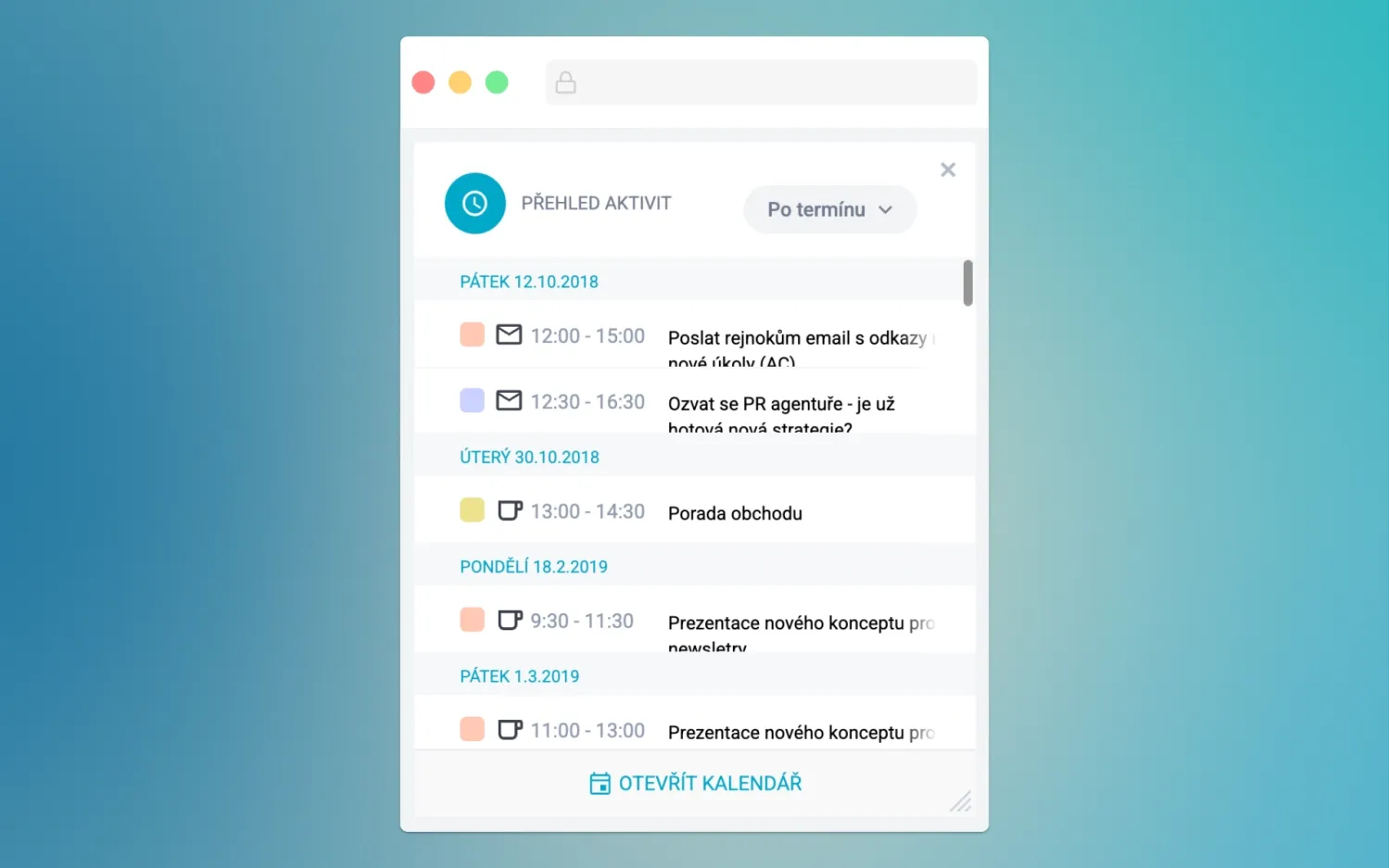 A clean web-based calendar application shows scheduled events and tasks for multiple days.
