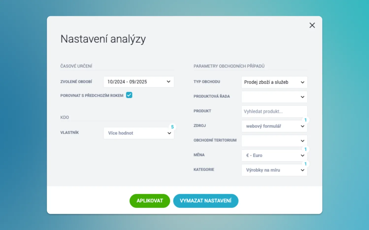 A digital form titled 'Nastavení analýzy' for configuring analysis settings in Czech.