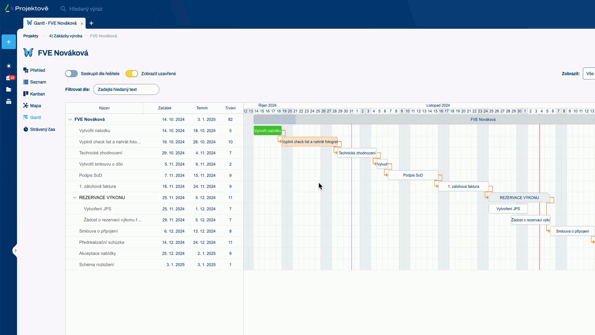 Digital interface presenting a Gantt chart for project task management and scheduling.