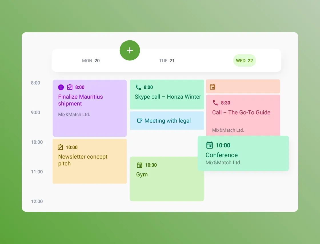 Digital calendar interface showing a weekly schedule with colorful event blocks for meetings.
