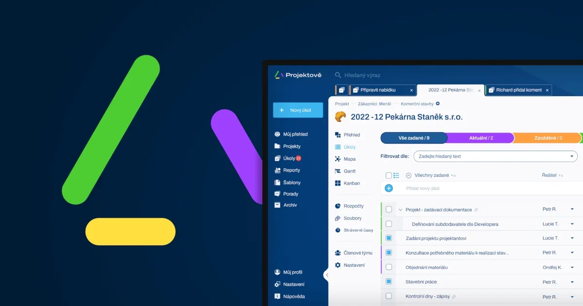 Abstract colorful logo next to a web application showing a project management dashboard for Projektron.
