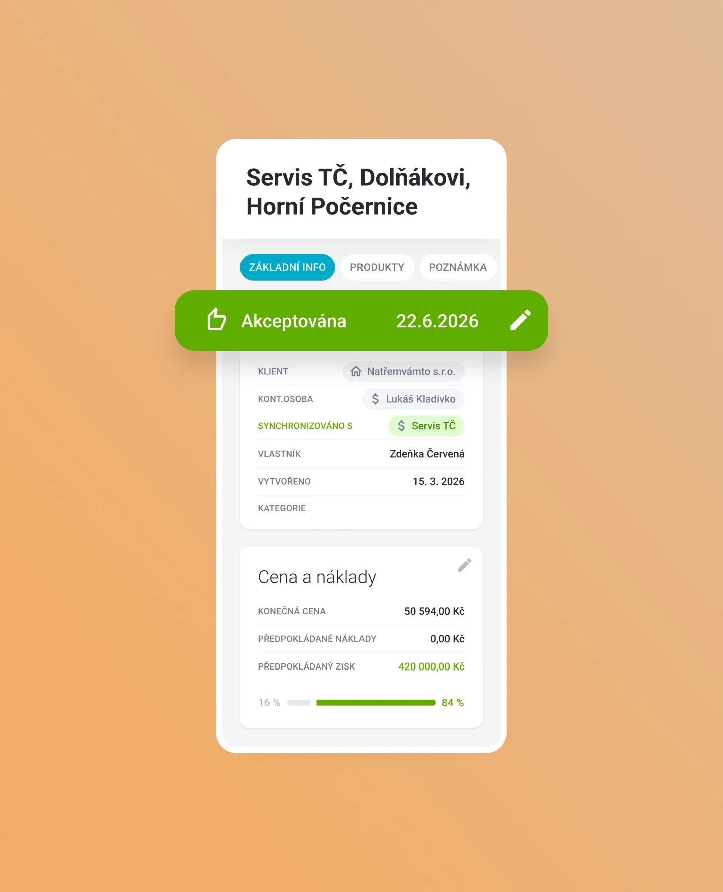 Mobilní nabídka v Raynet CRM se stavem akceptována a přehledem ceny a zisku.